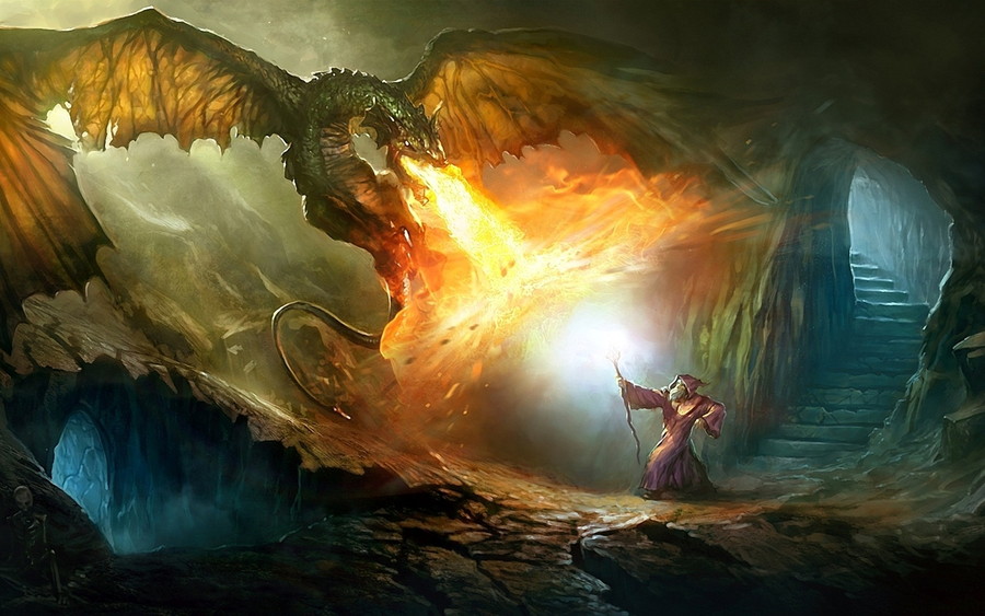 mago luchando contra un dragon